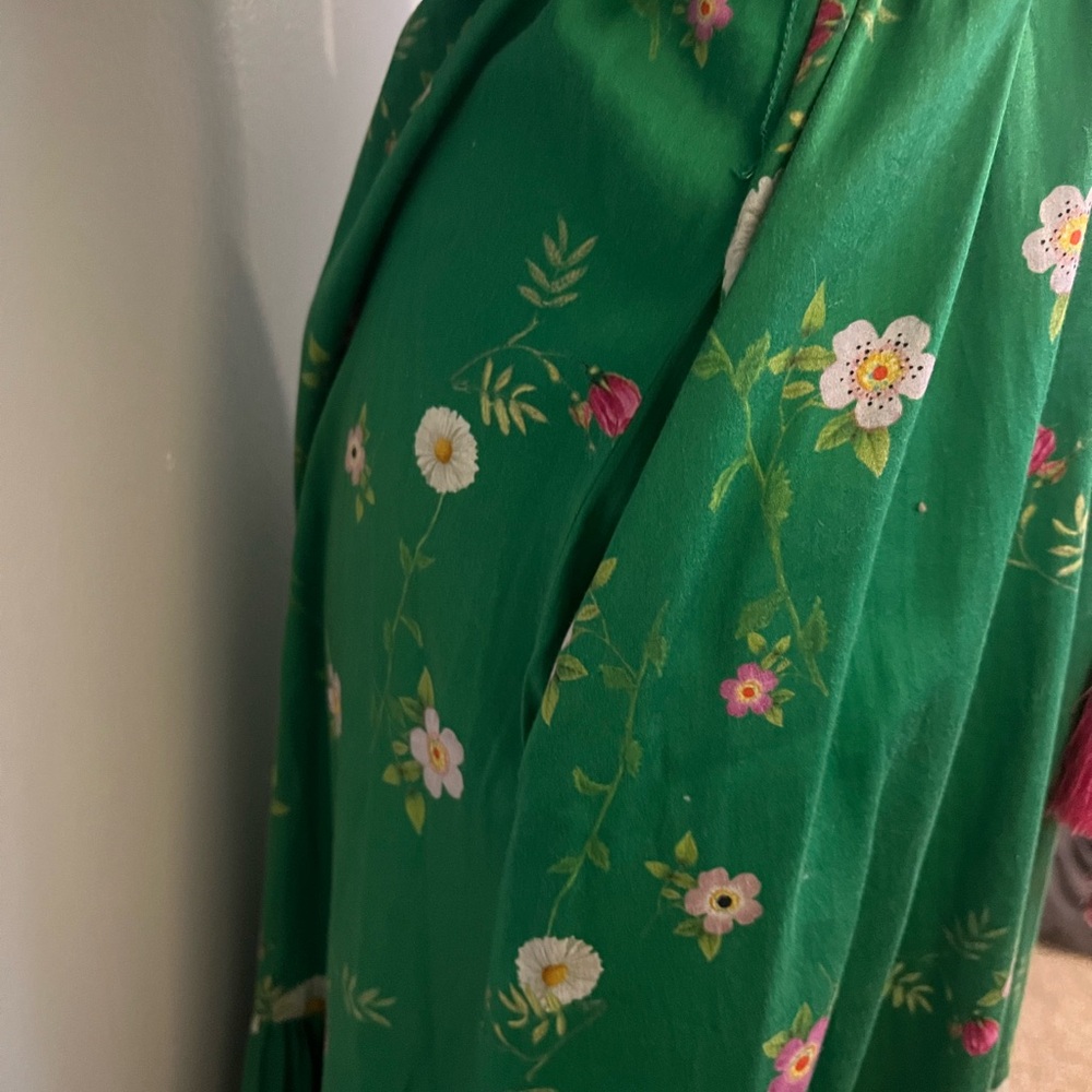 Cynthia Rowley Green Floral Long Sleeve Dress with pink tassels size small - Picture 6 of 9